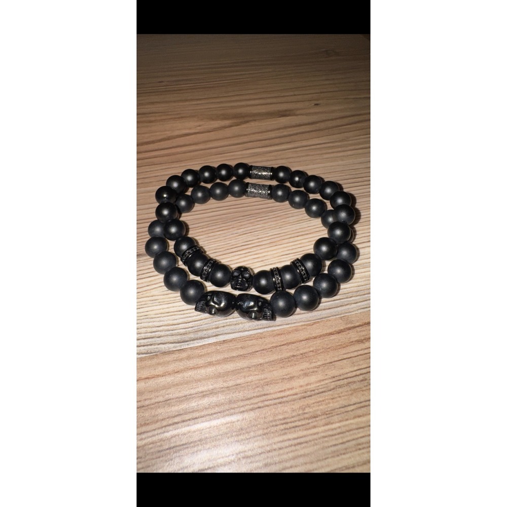 Skeleton HD Phantom Stack Mens Matte Black Onyx Skull Beaded Bracelet Set